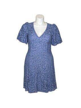 Jessica Howard Women's NWT $118 Blue Lace Overlay A-Line Dress, Puff Sleeves 14